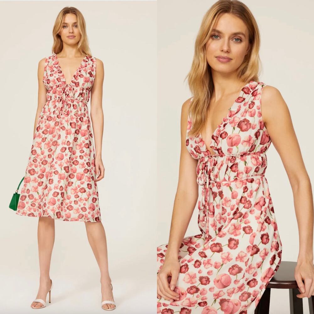 SIPOS NEW YORK Strawberry Floral Midi Dress In White Pink Size Large